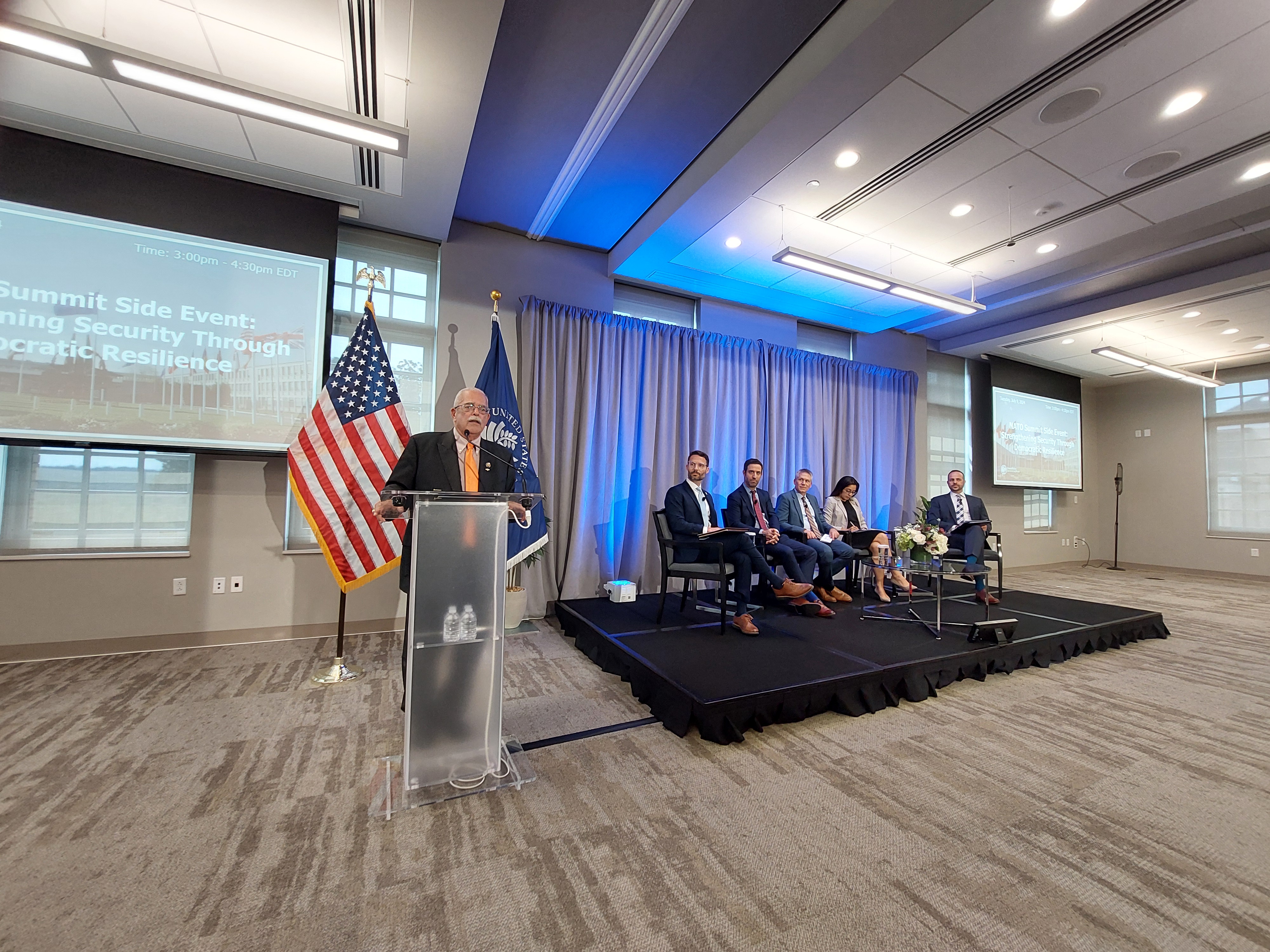 Gerry Connolly (standing), Democratic representative from Virginia, speaks at a NATO Summit side event called ‘Strengthening Security through Democratic Resilience’, on 9 July 2024 in Washington, DC.  Photo credit: International IDEA